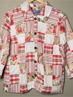 Koret Patchwork Button Up Jacket Women Medium White Pink Green Pockets Lined